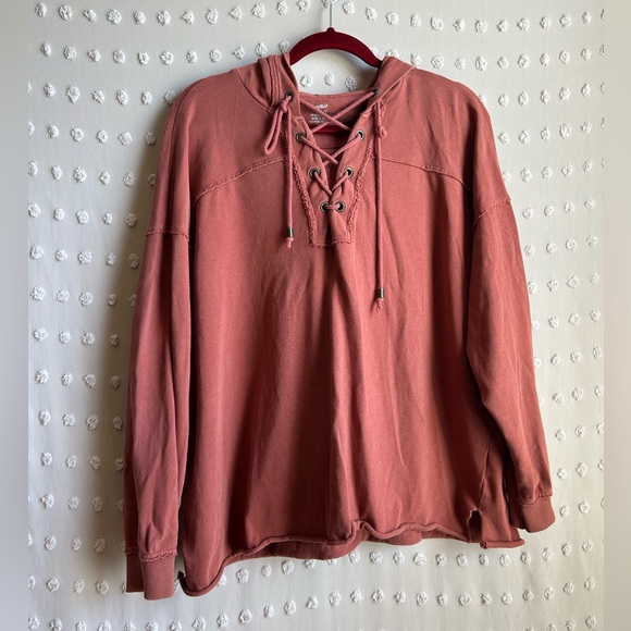 aerie Tops - Aerie‎ Lace Up Oversized Hooded Long Sleeve Sweatshirt Sz XS Rust Red